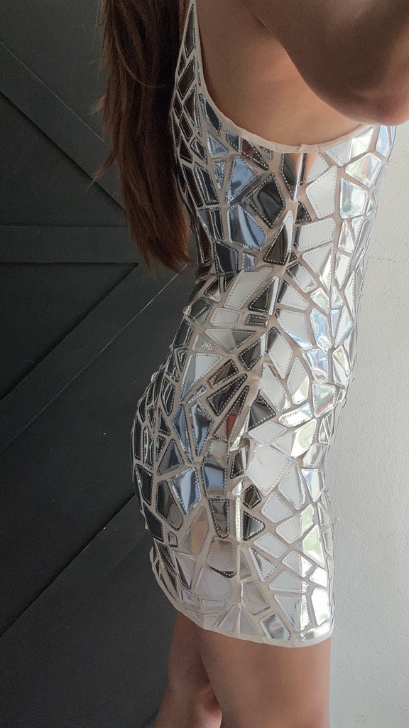 silver vinyl dress Athena Silver Metallic Cutout Drape Mini Dress Ella Lisqu